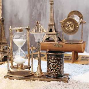 新款直销创意复古巴黎铁塔沙漏摆件学生礼物木质树桩沙漏装饰摆件
