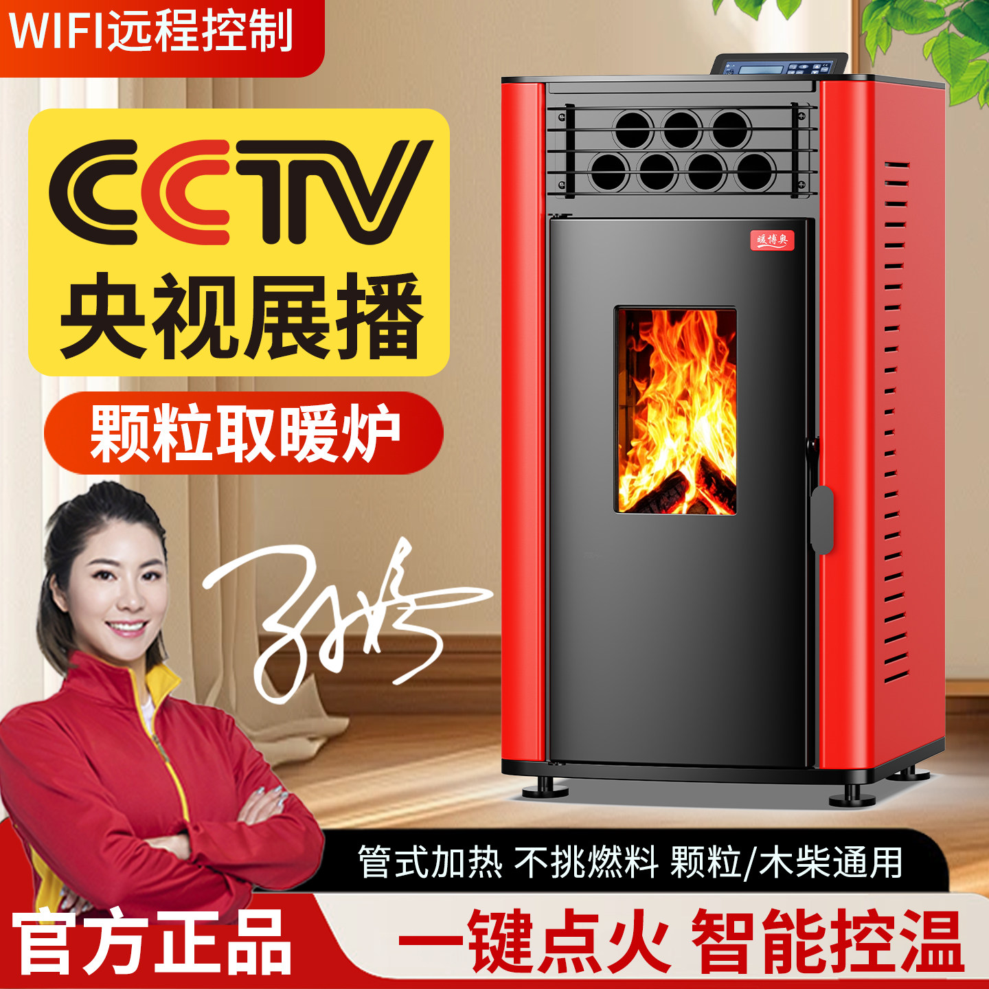新型全自动智能生物质颗粒取暖炉家用室内环保无烟木柴两用采暖炉