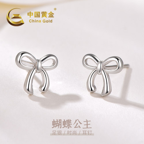 中国黄金S925银蝴蝶结耳钉甜美