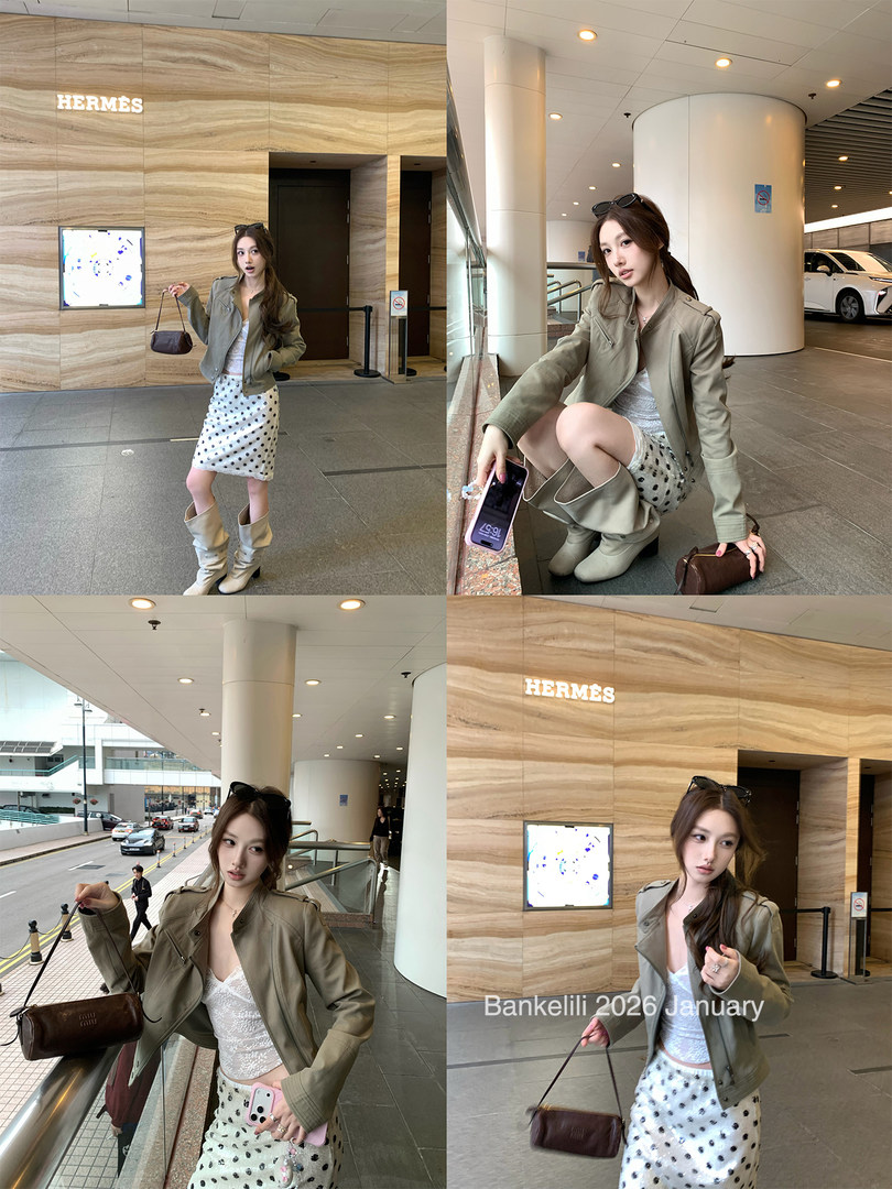 Collage of a woman modeling a khaki jacket, lace top, patterned skirt, and boots