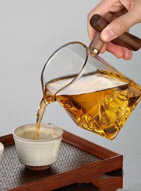 直销新款耐热玻璃公道杯木把带手柄分茶器家用观山烟灰色木把手公