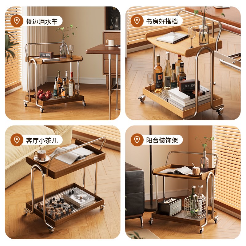 热销威展客厅推车中古风小推车实木边几小茶几沙发移动收纳推车置