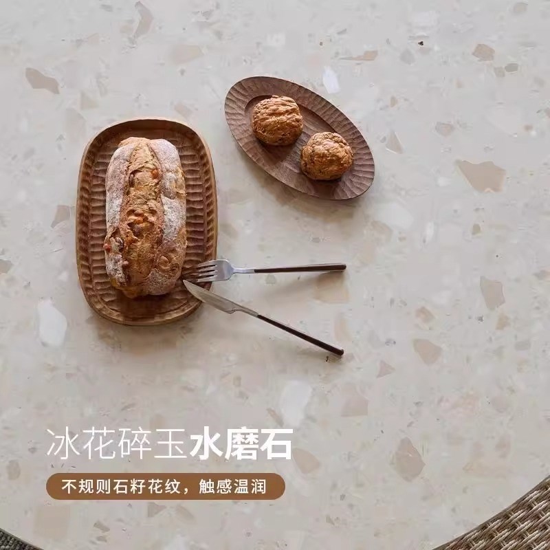 热销中古风餐桌胡桃木圆形白蜡木实木桌子小户型法式复古水磨石餐