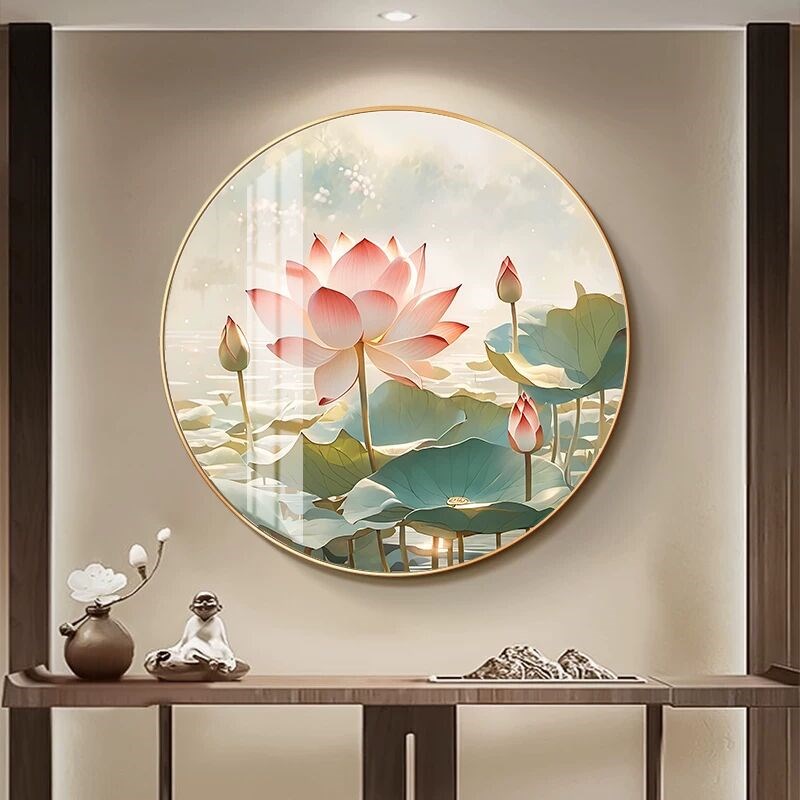 热销新中式荷花装饰画圆形餐厅挂画玄关走廊过道背景墙画茶室禅意图片