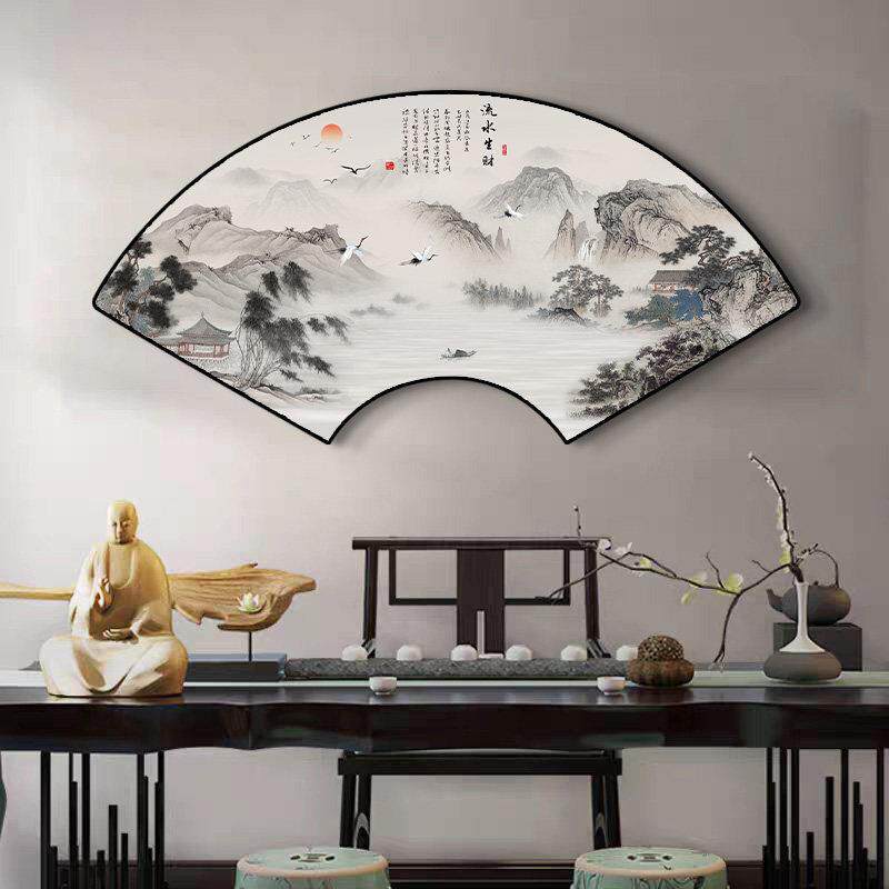 扇形扇子装饰画 画中式客厅背景墙壁画 画扇面山水画 画迎客松字