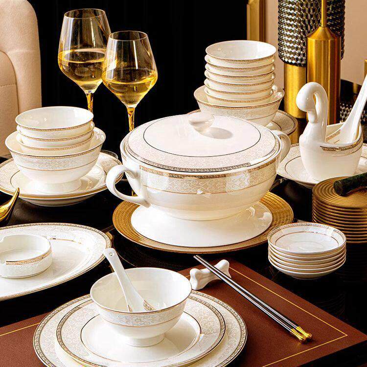 2024款景德镇高档豪华碗碟套装家用轻奢高档骨瓷餐具乔迁陶瓷碗盘