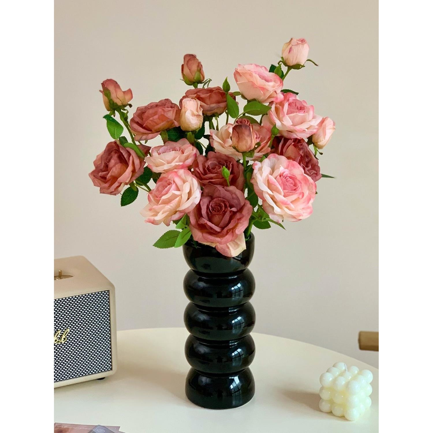 ins风粉色烤边玫瑰彷真花花束假花玫瑰花摆设花艺摆件餐桌花插花