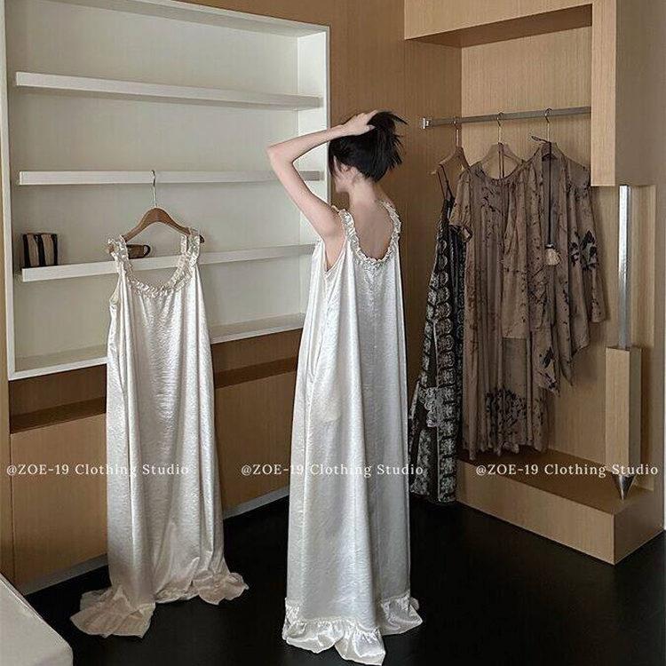 带胸垫睡裙吊带睡衣女款夏季高级感彷醋酸中长裙珍珠白公主家居服