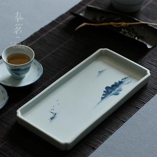 純手繪古青花陶泥山水茶盤 直銷新款 壺承杯墊功夫茶具單層干泡臺