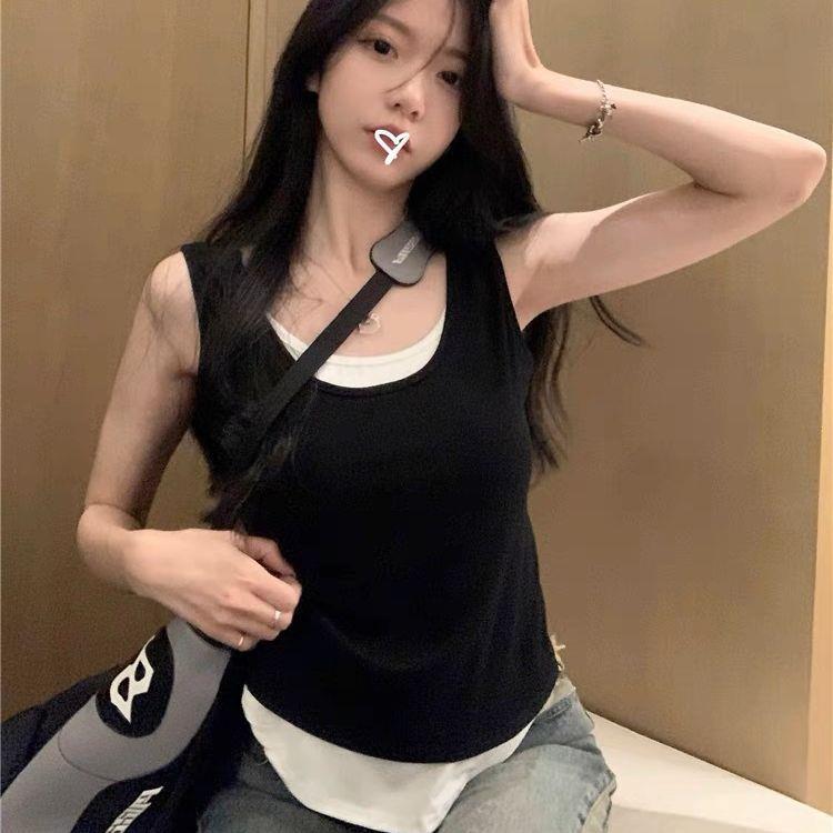 直销新款新款辣妹假两件带胸垫吊带背心女内搭外穿设计感小众打底