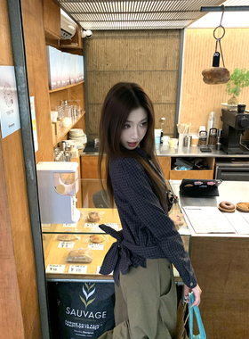 Joeyoo秋季新款设计感蝴蝶结绑带格子衬衫女长袖修身早秋单穿上衣