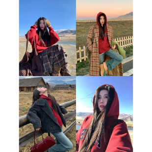 Joeyoo李乔优 上衣 红色连帽卫衣女秋冬装 韩系慵懒风加绒字母帽衫