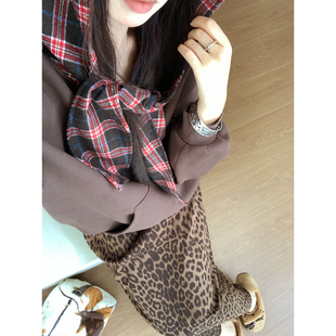 Joeyoo秋冬设计感豹纹半身裙女2025新款高腰垂坠感超好看咖色裙子