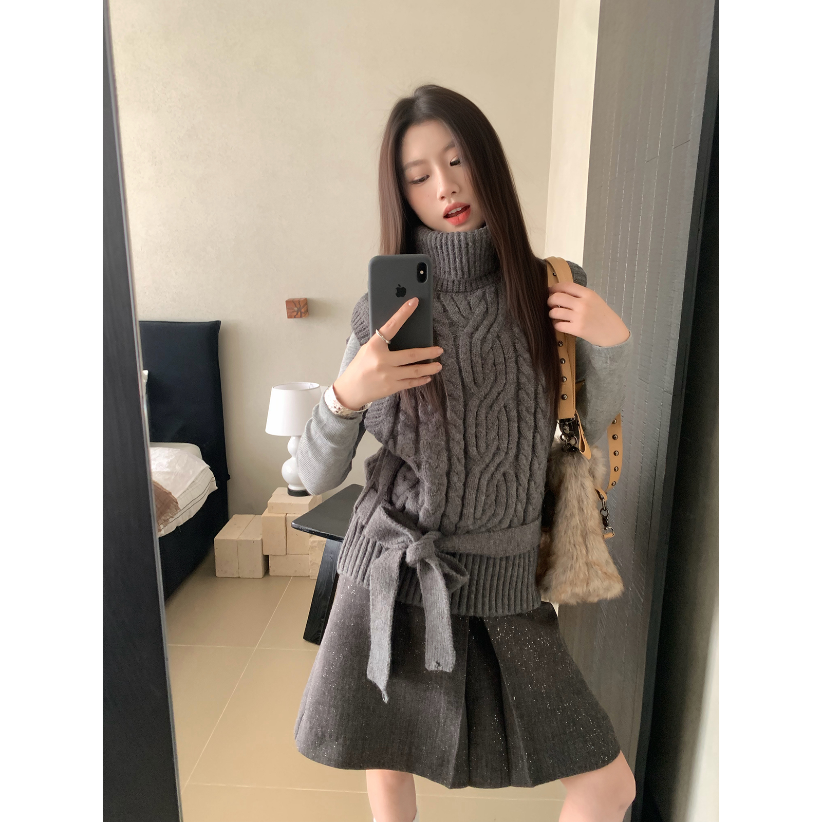 Joeyoo【12/08上新 星苒银河】秋冬细闪灰色毛呢百褶裙女半身裙