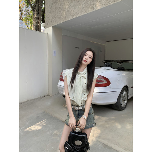 Joeyoo夏季新款设计感带领带单排扣绿条纹衬衫女无袖坎肩气质上衣