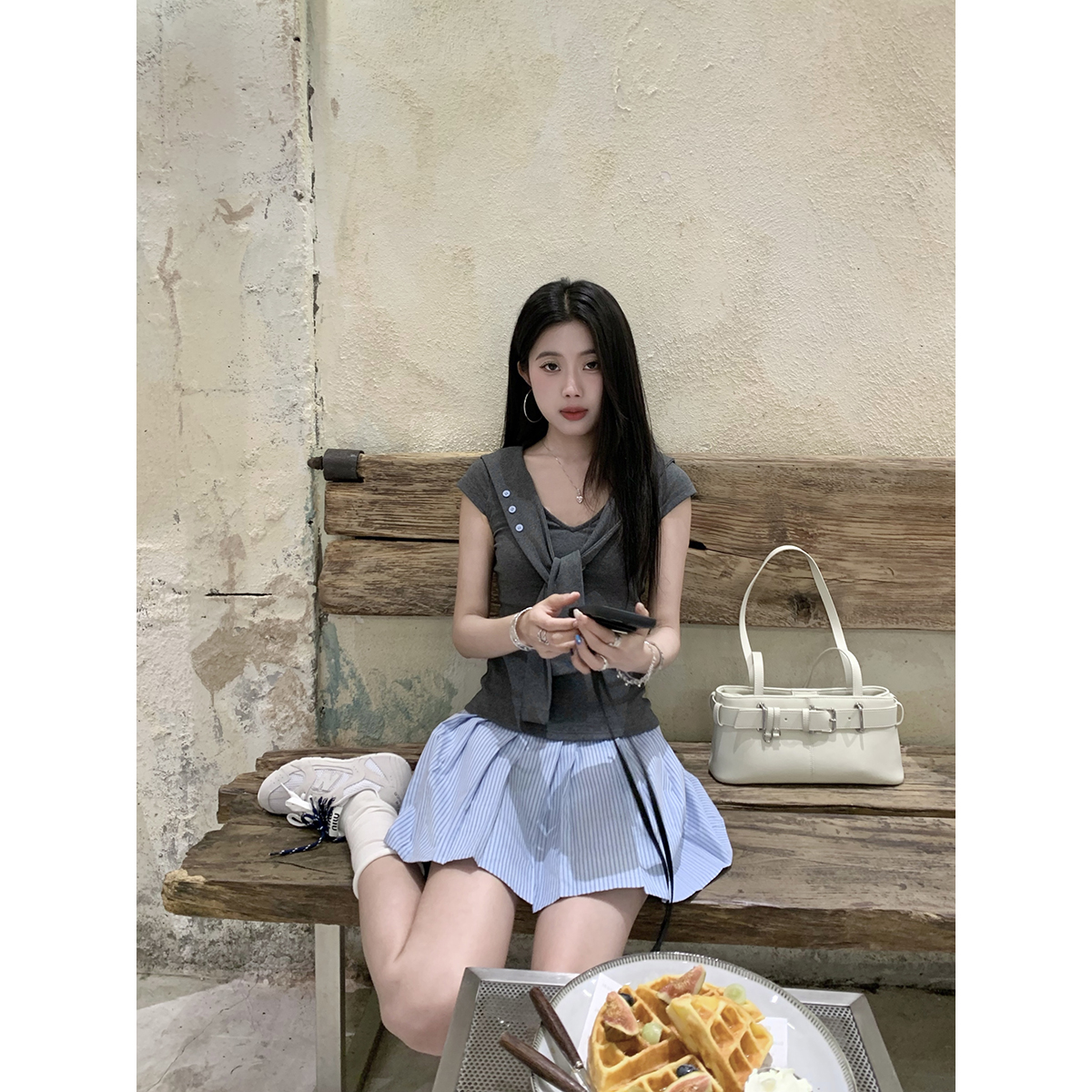 Joeyoo 少女时代 灰蓝撞色连衣裙女夏新款系带短袖百褶短裙