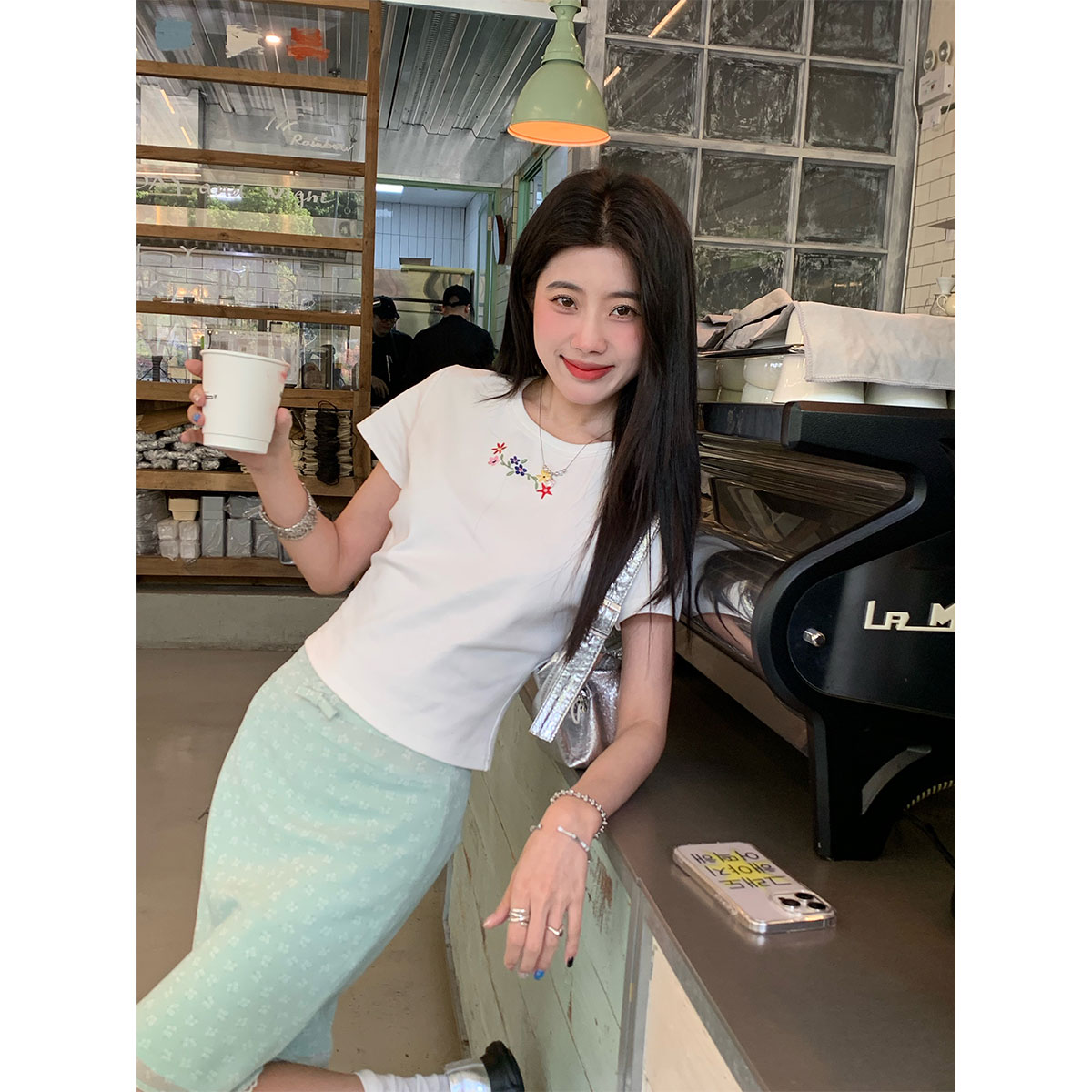 Joeyoo 夏日澄花 白色短袖T恤女夏季新款绣花圆领正肩上衣