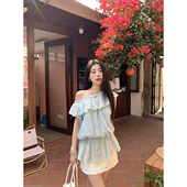 Joeyoo 荷叶边收腰绣花上衣 女夏季 夏至未至 一字肩镂空小衫