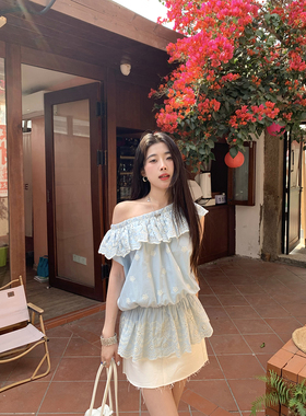 Joeyoo 夏至未至 一字肩镂空小衫女夏季荷叶边收腰绣花上衣