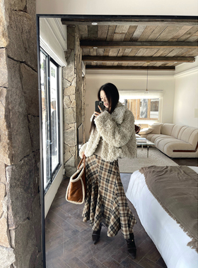 Joeyoo新款设计感不规则棕色格子半身裙女秋冬中长款高腰鱼尾裙子