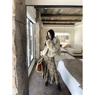 Joeyoo新款设计感不规则棕色格子半身裙女秋冬中长款高腰鱼尾裙子