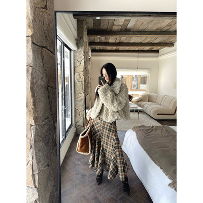 不规则棕色格子半身裙女秋冬长款