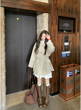 Joeyoo秋季新款慵懒风灰绿色立领收腰风衣女中长款系带大衣外套潮