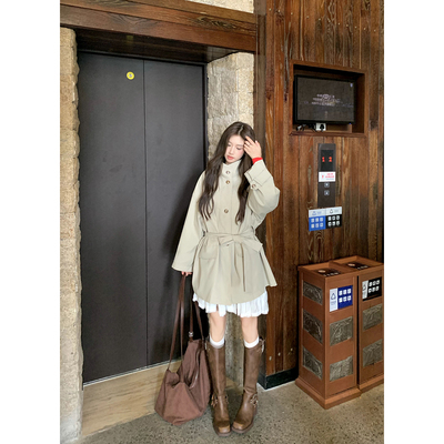 Joeyoo秋季新款慵懒风灰绿色立领收腰风衣女中长款系带大衣外套潮