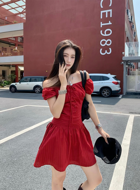 Joeyoo 热烈夏日 红色连衣裙女方领夏肌理感灯笼袖一字肩两穿短裙
