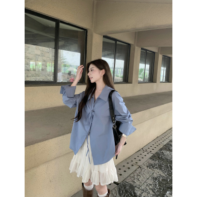 Joeyoo 雾霾蓝长袖衬衫女初秋新款韩系松弛感系带小开叉衬衣上衣