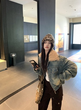 Joeyoo冬季新款宽松设计感毛领牛仔外套女加厚加绒短款超好看棉服