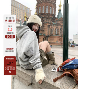 Joeyoo李乔优 减龄上衣 灰色连帽卫衣女秋冬百搭时尚 洋气印花帽衫