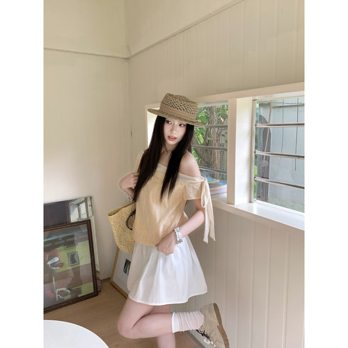 Joeyoo新款设计感松紧腰带内衬防走光白色短裙女夏宽松A字半身裙