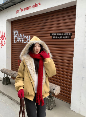 Joeyoo冬季新款设计感拼接两面穿拉链棉服女连帽加厚保暖毛绒外套