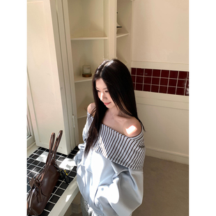 Joeyoo春季新款设计感一字肩连帽卫衣女宽松慵懒风巨好看露肩上衣