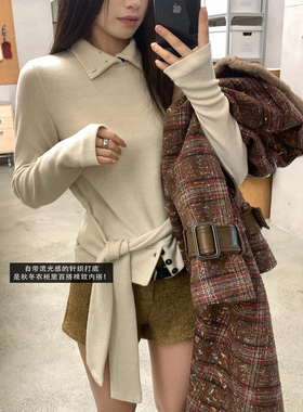 Joeyoo秋冬新款设计感长袖系带polo领针织衫女内搭可外穿收腰上衣