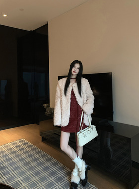 Joeyoo冬季新款宽松粉色毛茸茸羊羔毛外套女中长款加厚皮毛一体潮