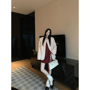 Joeyoo冬季新款宽松粉色毛茸茸羊羔毛外套女中长款加厚皮毛一体潮