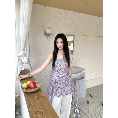 Joeyoo夏季新款设计感紫色抹胸碎花雪纺衫女中长款飘带打揽上衣潮