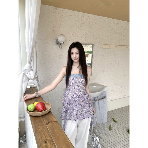 Joeyoo夏季新款设计感紫色抹胸碎花雪纺衫女中长款飘带打揽上衣潮
