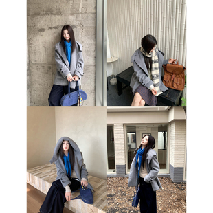 Joeyoo秋冬新款慵懒风宽松灰色翻领毛呢外套女连帽短款呢子大衣潮