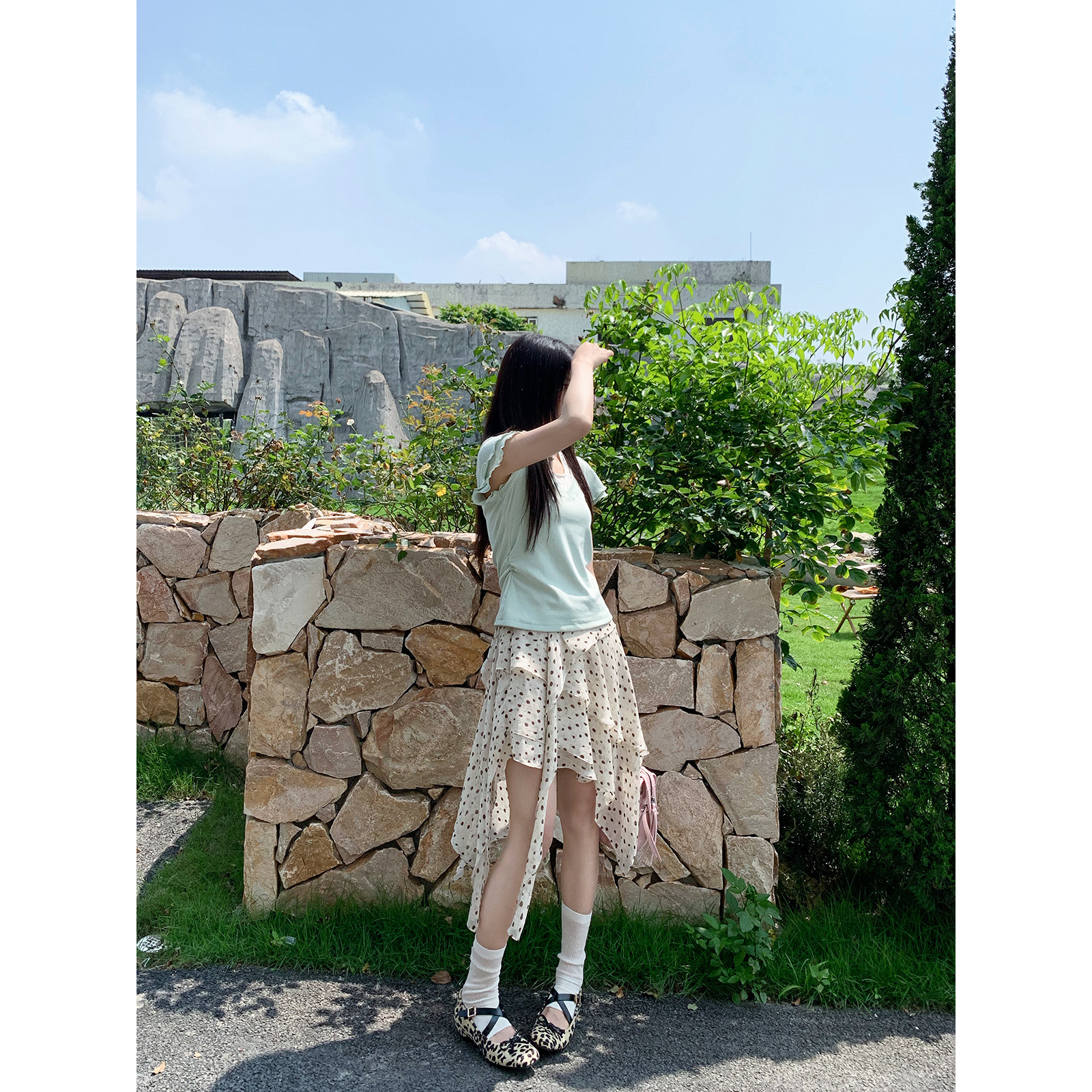 Joeyoo新款设计感多层荷叶边波点半身裙女夏中长款高腰不规则裙子