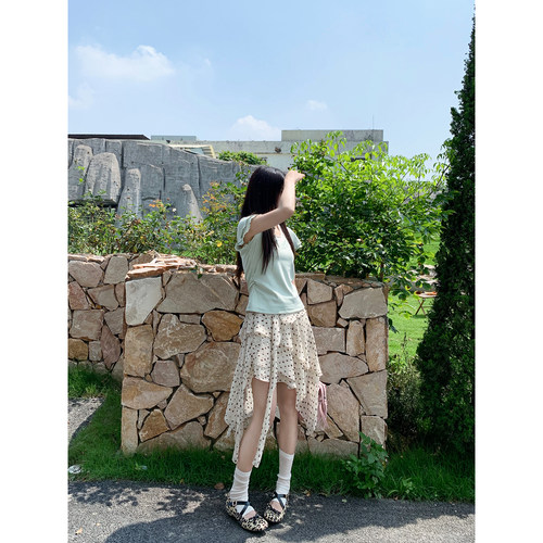 Joeyoo新款设计感多层荷叶边波点半身裙女夏中长款高腰不规则裙子