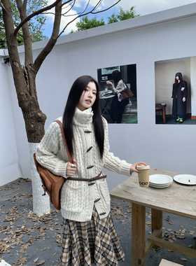 Joeyoo秋冬新款宽松设计感单排扣粗花呢针织开衫外套女中长款毛衣