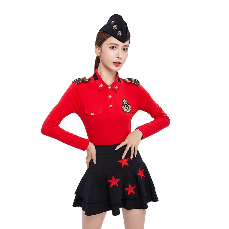 2022春季新款水兵舞演出服舞蹈服短袖T恤广场舞上衣翻领打底衫