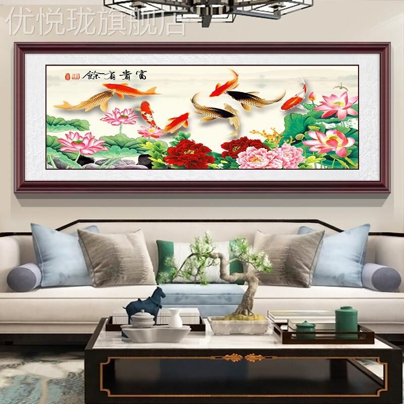 网红背中式餐厅九鱼图挂画饭厅富客贵有余荷花装饰画厅沙发景墙壁