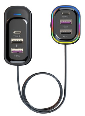 汽车后座背夹车充充电器超级快充带线车充头6口XUSB充电器