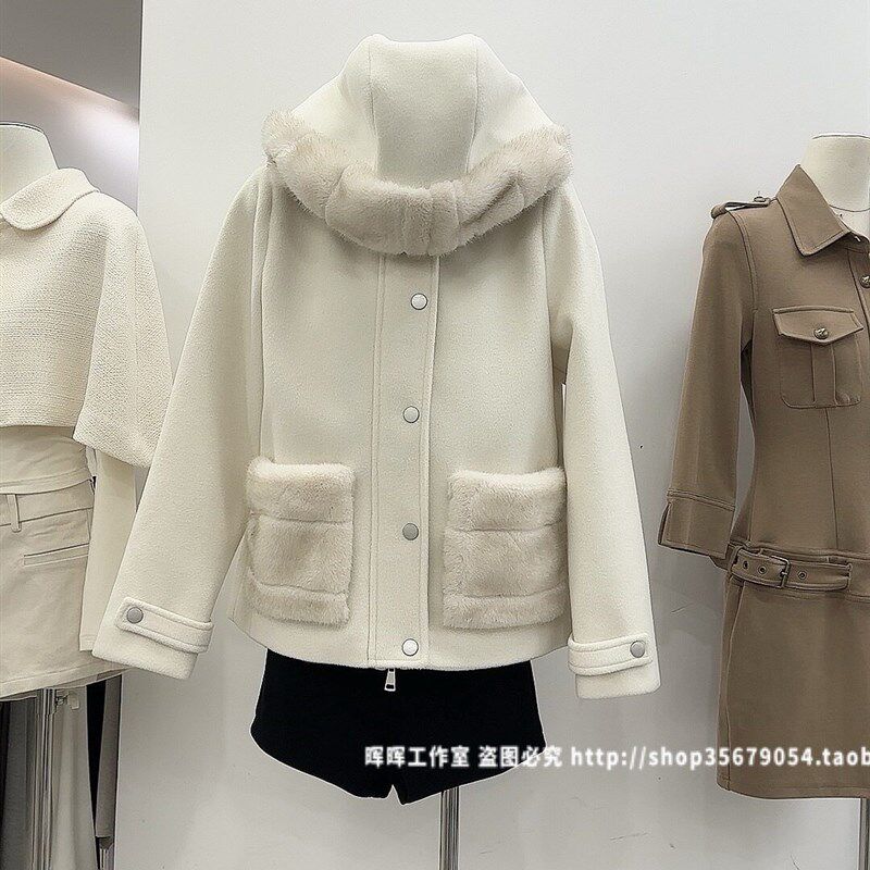 2025新款女装秋冬韩版宽松休闲连帽毛I毛环保皮草拼接毛呢呢料外