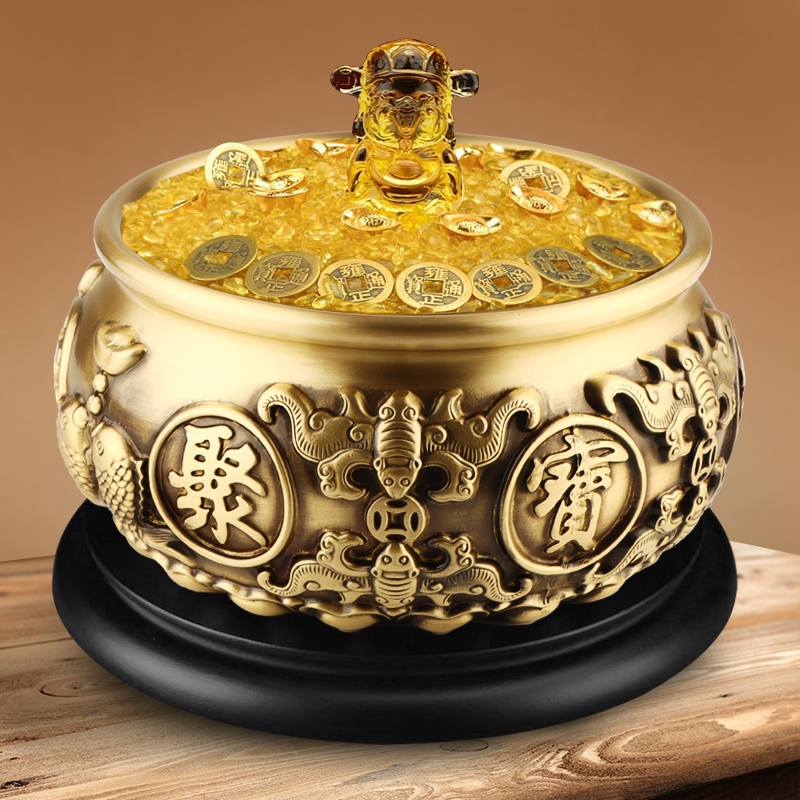 聚宝盆纯黄铜招客厅玄关摆件办公A室装饰门店开业送礼品米缸存钱