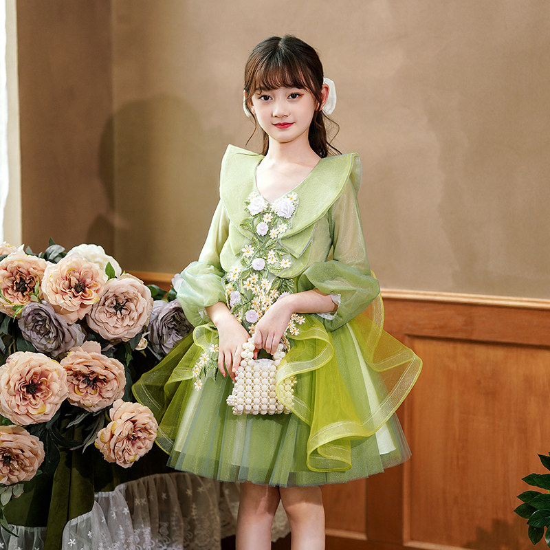 儿童礼服公主裙女童蓬蓬裙小主持人秋H季长袖演出服幼儿园表演裙